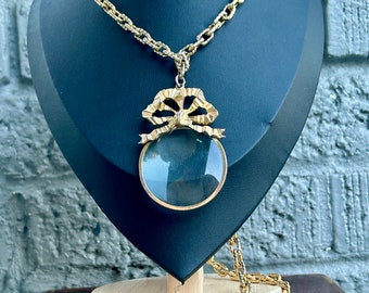 Vintage Magnifying Glass Pendant Necklace Carolee Jewelry Gold Tone Bow Retro Fashion Jewelry