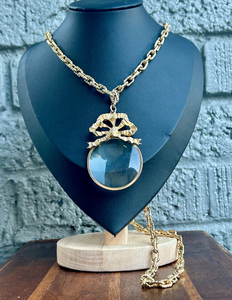 Vintage Magnifying Glass Pendant Necklace Carolee Jewelry Gold Tone Bow Retro Fashion Jewelry image 1