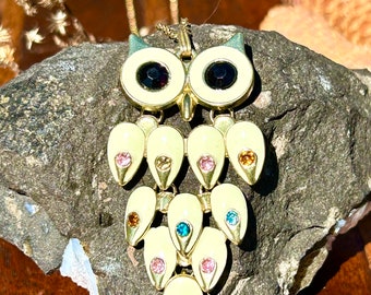 Vintage Owl Pendant Necklace Multi Color Gemstone Crystal Articulated Retro 70s