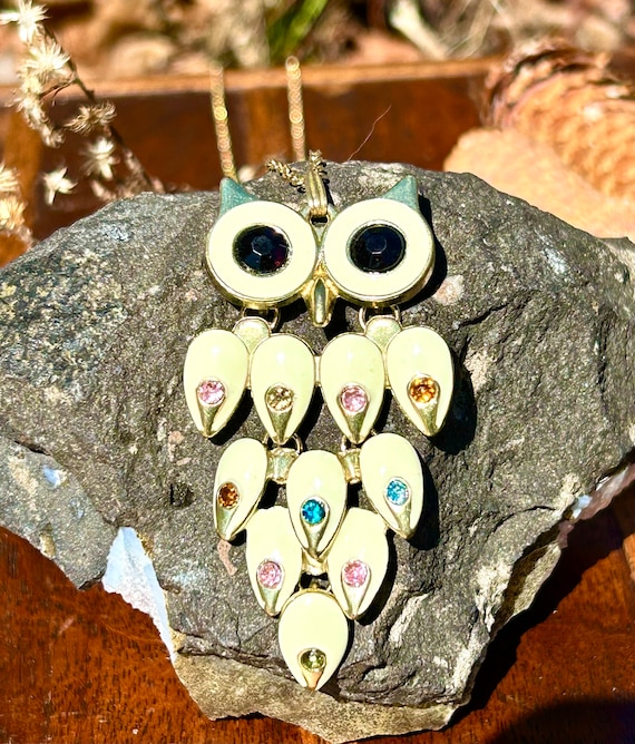 Vintage Owl Pendant Necklace Multi Color Gemstone… - image 1