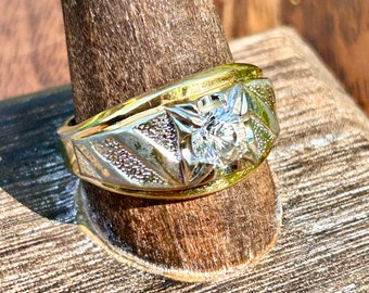 Vintage Lind Ring 14k HGE Mens Jewelry Solitaire Clear Cubic Zirconia CZ Stone Gold Electroplate