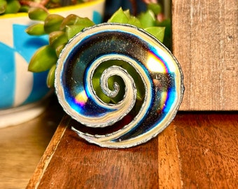 Metal Art Brooch Handmade Metallic Pin Swirl Design Rainbow Colors Vintage Retro Jewelry 90s 1990s