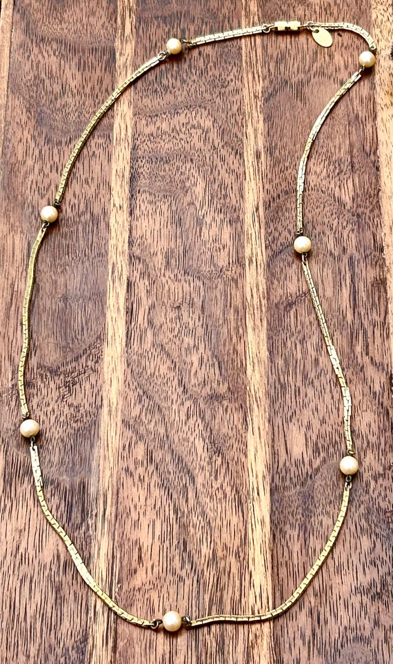 Vintage Gold Tone Box Chain Faux Pearl Necklace R… - image 6