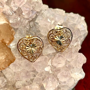 Vintage Gold Tone Sterling Silver Filigree Heart Stud Earrings Retro Jewelry Gift image 5