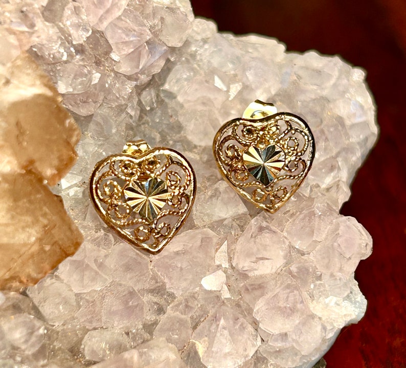 Vintage Gold Tone Sterling Silver Filigree Heart Stud Earrings Retro Jewelry Gift image 5