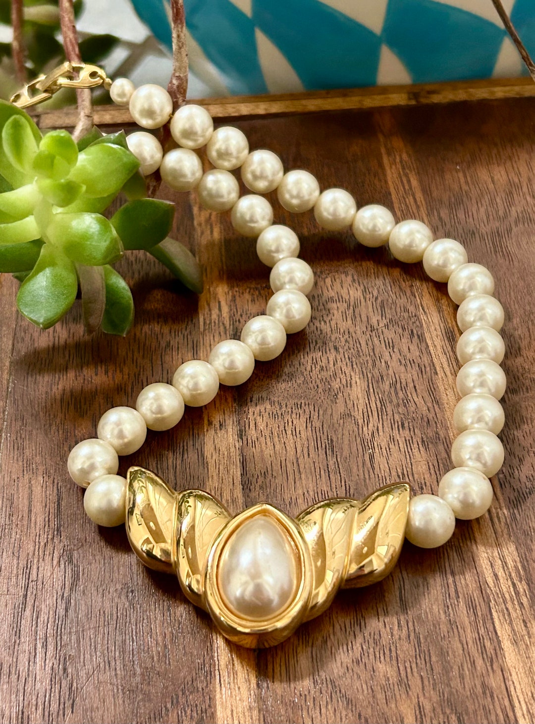 Vintage Napier Faux Pearl Yellow Gold Tone Collar Necklace Art