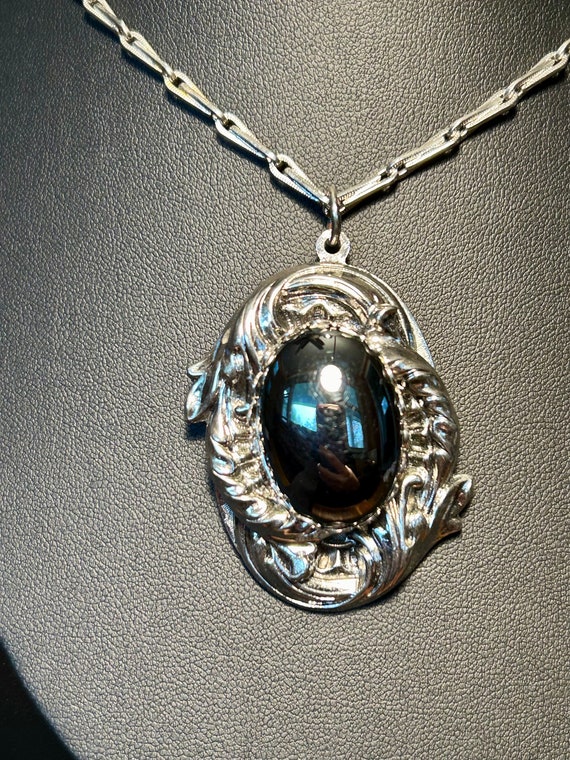 Vintage Hematite Pendant Necklace Silver Tone Orn… - image 3