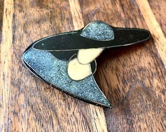 Vintage Acrylic Brooch Modern Modernist Brass Accent Abstract Black Blue Gold Artisan Handmade Freeform