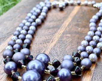 Vintage Purple Faux Pearl Necklace Triple Strand Lilac Lavender Japan Glass Beads Retro Jewelry 1940s 1950s 1960s