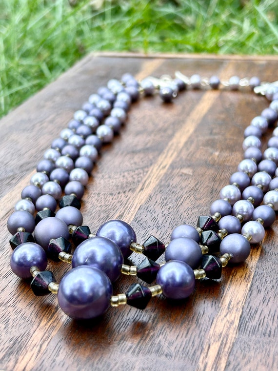 Vintage Purple Faux Pearl Necklace Triple Strand … - image 1