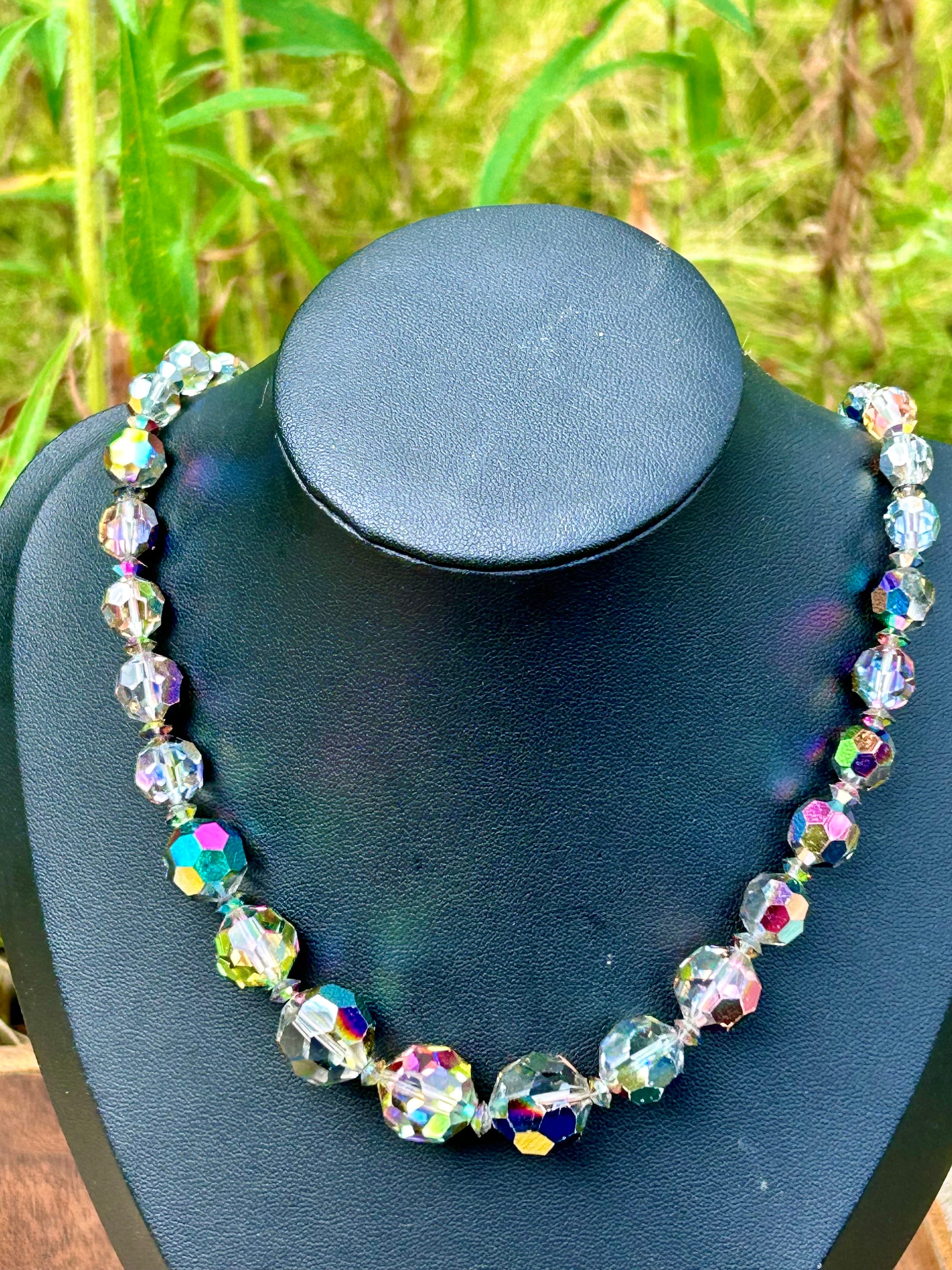 Vintage Faceted Aurora Boreal is Glass Beaded Necklace Rainbow 