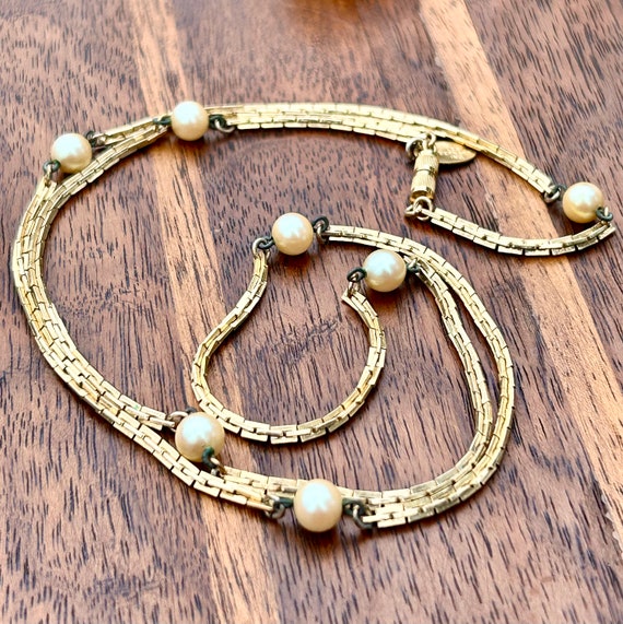 Vintage Gold Tone Box Chain Faux Pearl Necklace R… - image 1