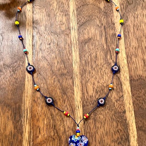 Millefiori Beaded Necklace Blue Heart Glass Pendant Hand Knotted Beads Vintage Estate Jewelry image 6