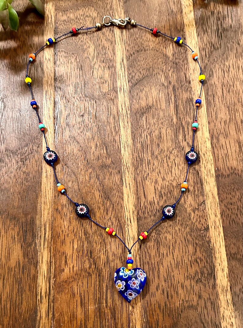 Millefiori Beaded Necklace Blue Heart Glass Pendant Hand Knotted Beads Vintage Estate Jewelry image 6