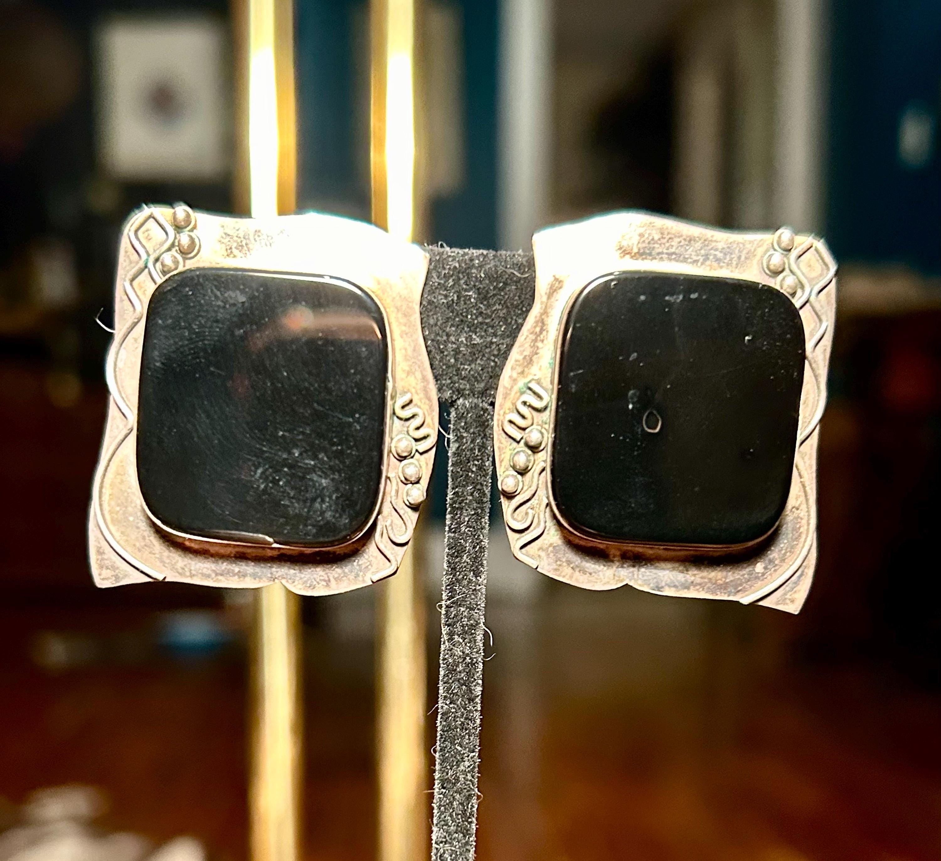 Boucles D'oreilles Anciennes En Argent 925 - Émail Noir, Pendantes, Occasion Magnifiques
