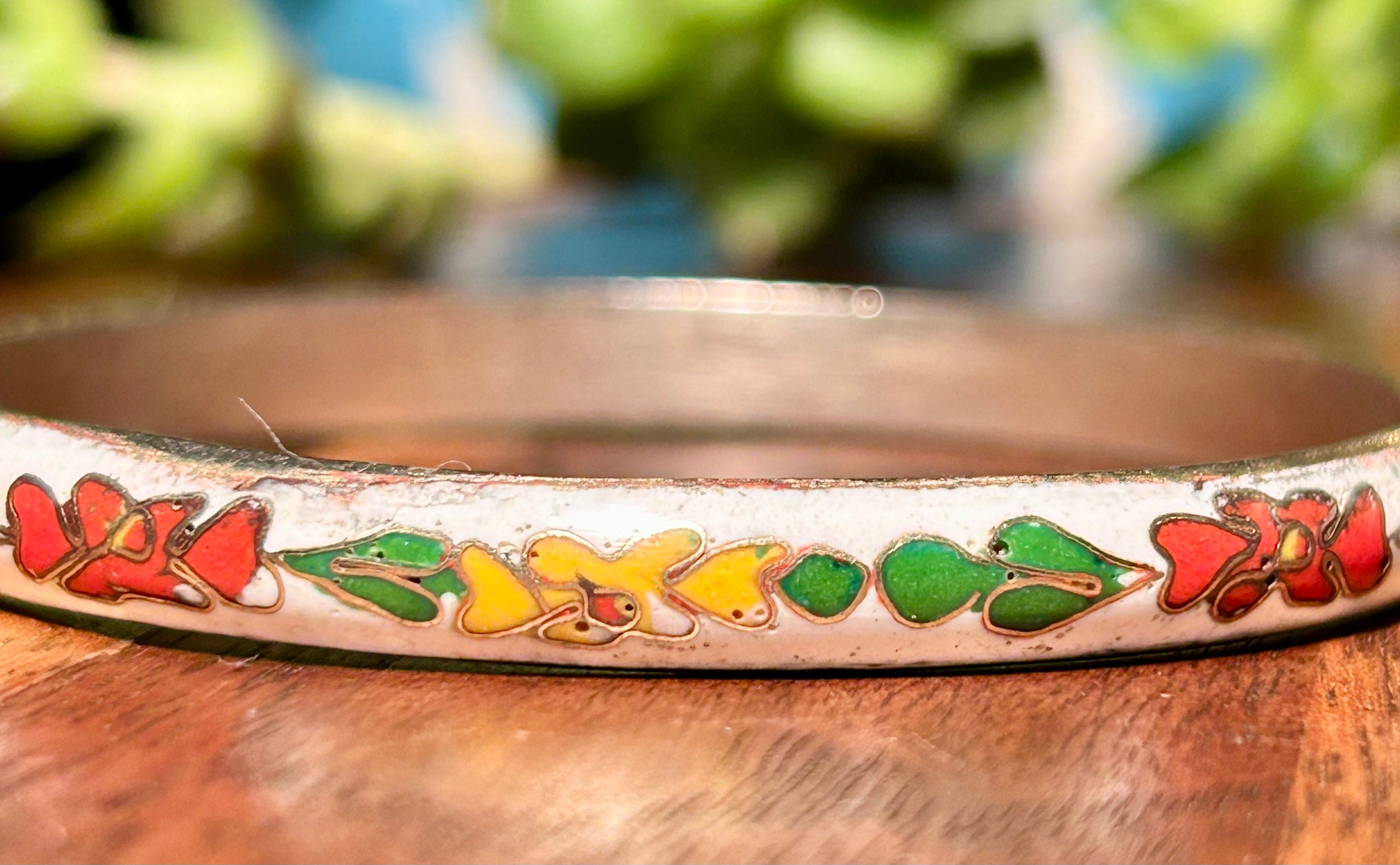 ヴィンテージ七宝焼きバングル ブレスレット エナメル花植物モチーフ