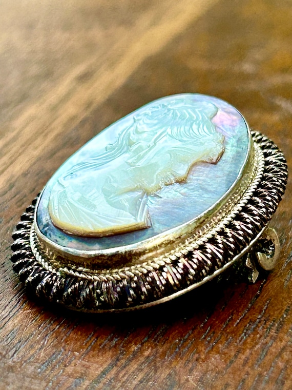 Vintage Mother Of Pearl Cameo 800 Silver Brooch P… - image 5