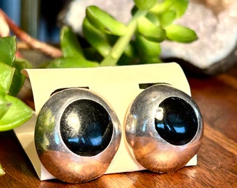 Sterling Silver Stud Earring Black Stone Inlay Mexico 925 Vintage Retro Jewelry Gift