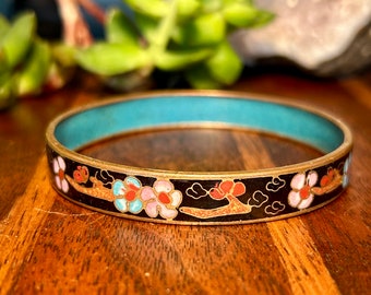 Vintage Cloisonné Bracelet Floral Motif Turquoise Enamel Interior Retro Jewelry Gift