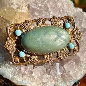 Antique Brass And Blue Resin Stones Brooch  Retro Fashion Jewelry Estate Jewelry Victorian