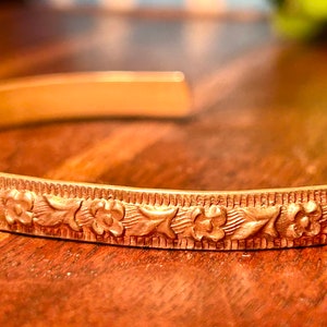 Vintage Copper Open Cuff Bracelet with Raised Design Floral Motif Flowers Retro image 4