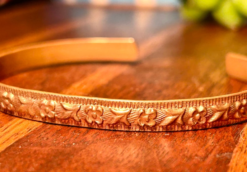 Vintage Copper Open Cuff Bracelet with Raised Design Floral Motif Flowers Retro image 4