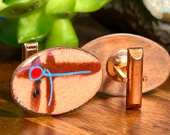 Vintage Copper Enamel Cufflinks Cuff Links Retro Aqua Spatter Mid Century Modern Jewelry