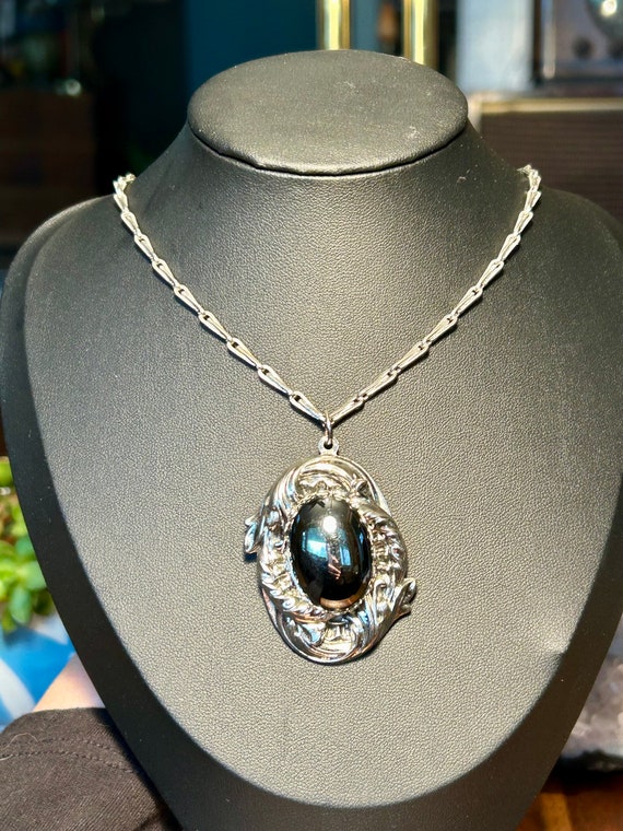 Vintage Hematite Pendant Necklace Silver Tone Orn… - image 5