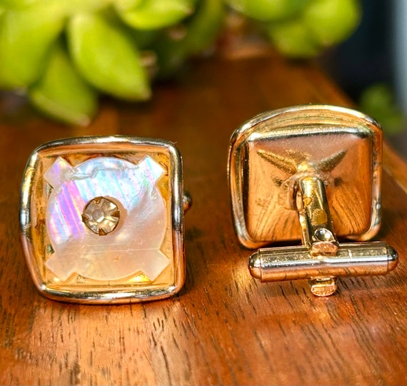 Vintage Mother Of Pearl Rhinestone Cufflinks Retr… - image 3