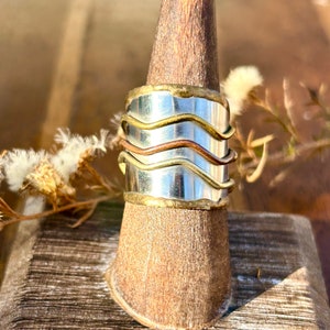 Vintage Mixed Metal Art Ring Artisan Handmade Copper Brass Silver Tone Retro Jewelry Boho Modern Fashion image 3