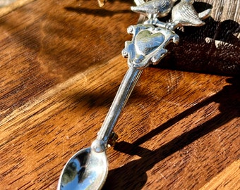 Vintage Sterling zilveren lepel broche hart liefde vogels Mid Century revers pin retro jaren 1940 jaren 1950 Unisex genderneutrale sieraden