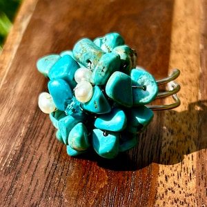 Turquoise Nugget Fresh Water Pearl Blue Gemstone Ring Handmade Jewelry Cluster Ring Vintage Retro Cocktail Statement Adjustable Ring Gift image 6