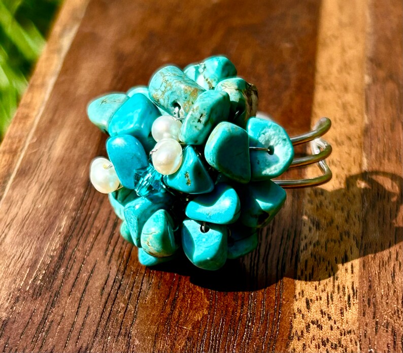 Turquoise Nugget Fresh Water Pearl Blue Gemstone Ring Handmade Jewelry Cluster Ring Vintage Retro Cocktail Statement Adjustable Ring Gift image 6