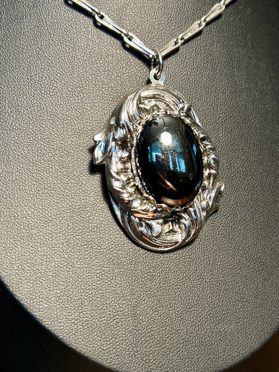 Vintage Hematite Pendant Necklace Silver Tone Orn… - image 2