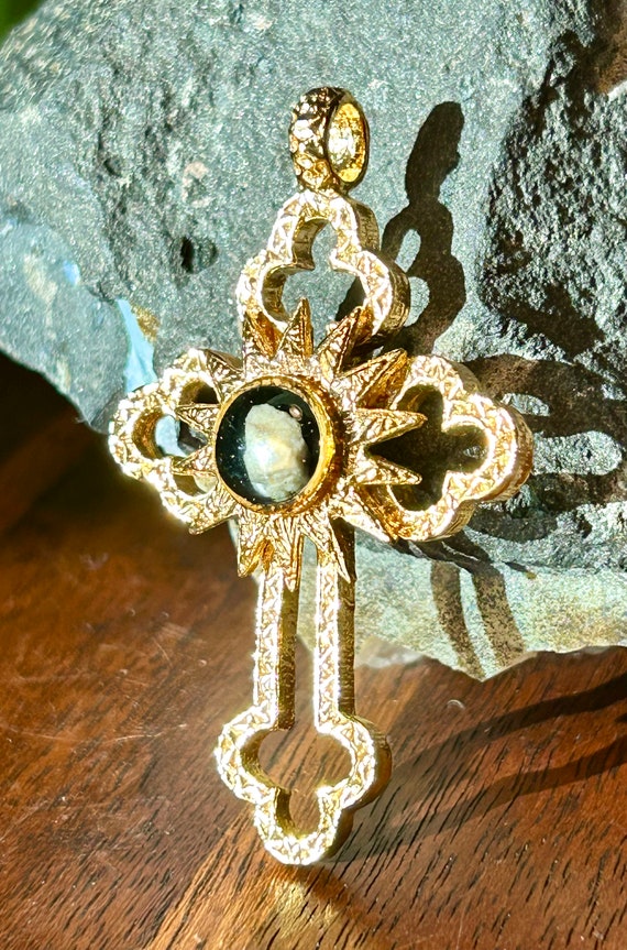 Gold Plated Cross Relic Stone From Bethlehem Vint… - image 2