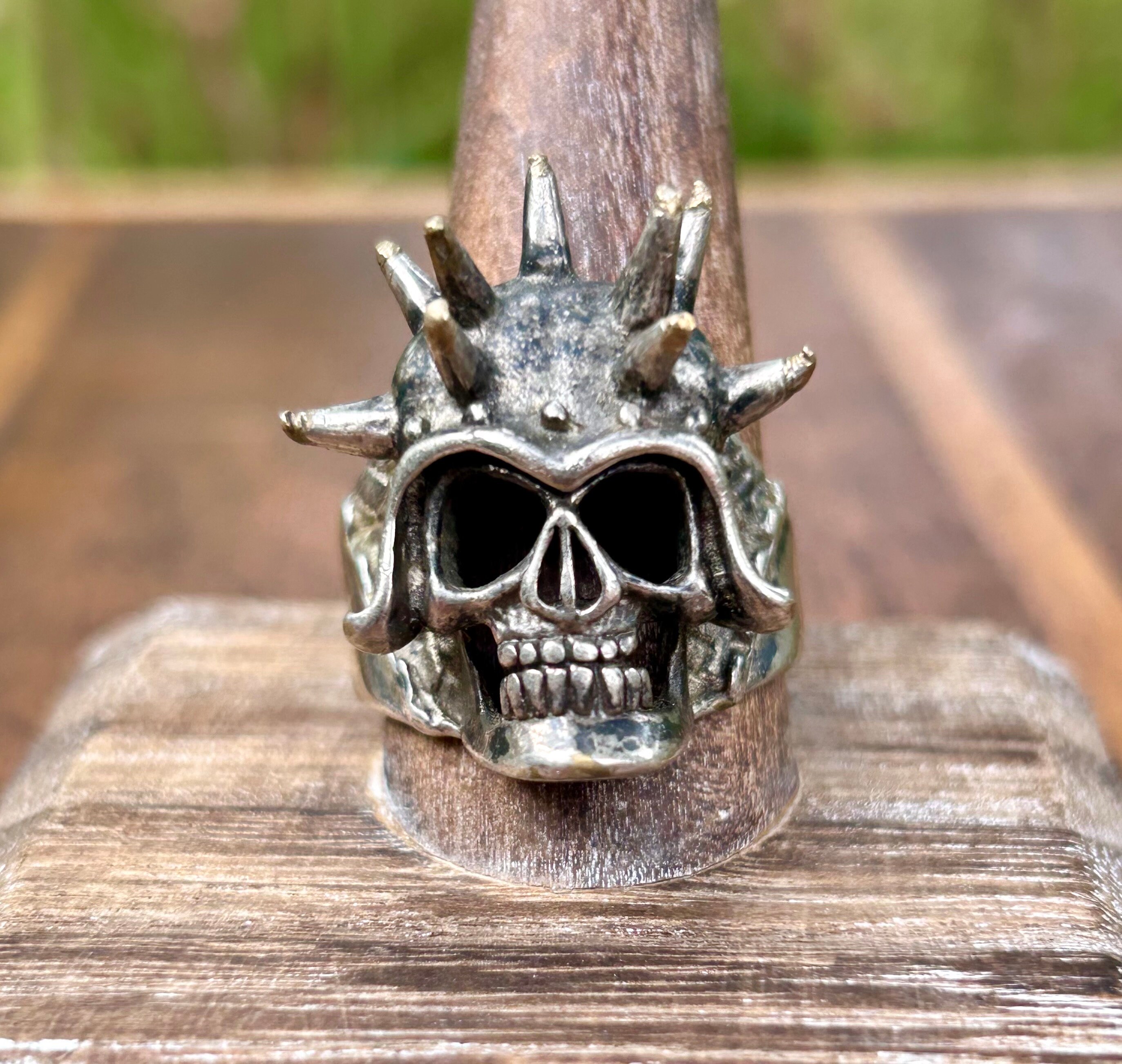 Biker Skull Ring Mens Vintage Spiked Skull Head Hollow Eyes Silver