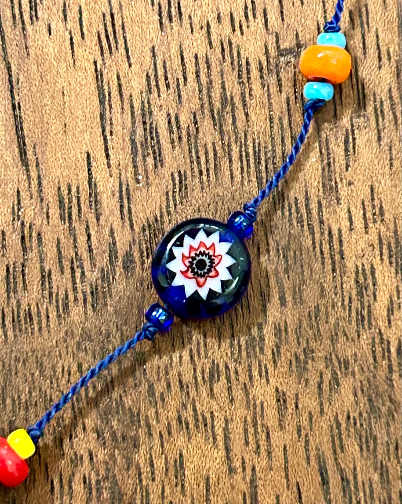 Millefiori Beaded Necklace Blue Heart Glass Pendant Hand Knotted Beads Vintage Estate Jewelry image 5
