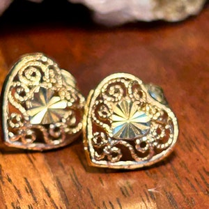 Vintage Gold Tone Sterling Silver Filigree Heart Stud Earrings Retro Jewelry Gift image 2