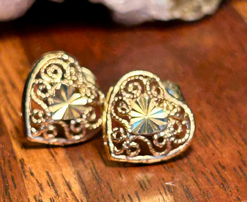 Vintage Gold Tone Sterling Silver Filigree Heart Stud Earrings Retro Jewelry Gift image 2