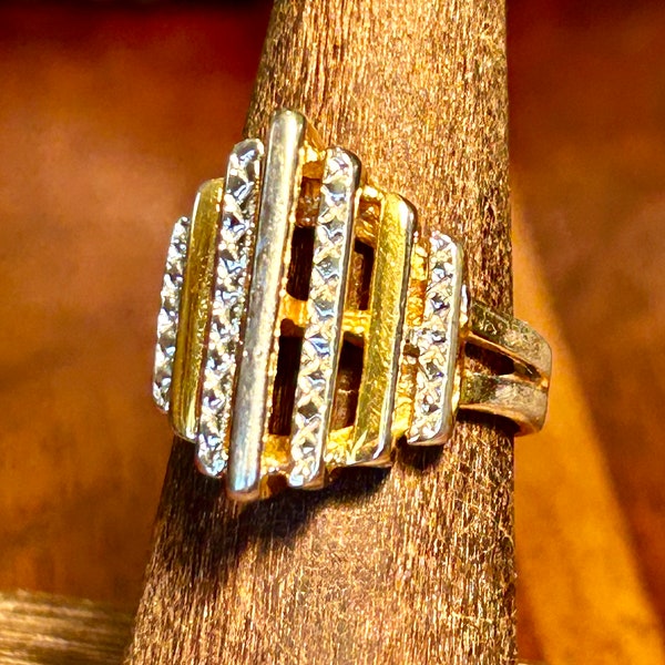 Vintage 18k HGE Ring Yellow Gold Plated Waterfall Ring Art Deco Style Signed Jewelry Gift