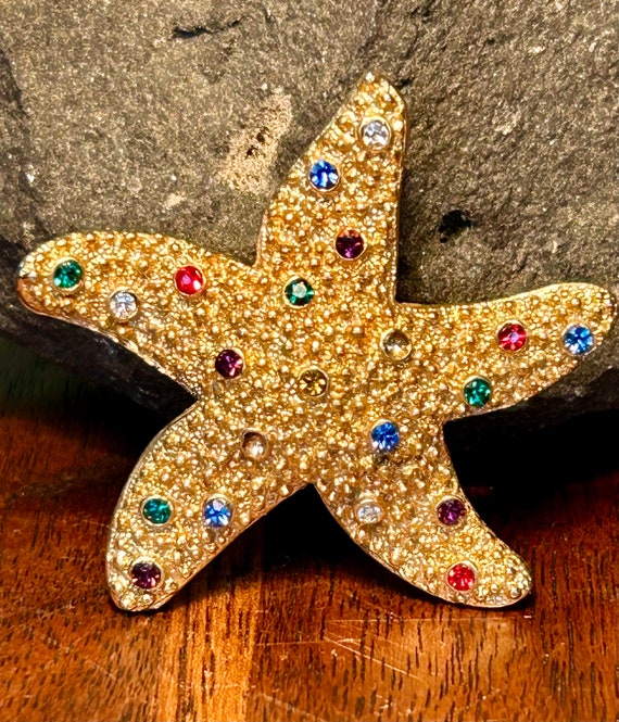 Vintage Starfish Brooch Multi Color Rhinestones Re