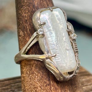 Sterling Silver Freshwater Pearl Long Bead Ring Art Nouveau Fine Jewelry
