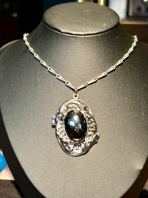 Vintage Hematite Pendant Necklace Silver Tone Orn… - image 1