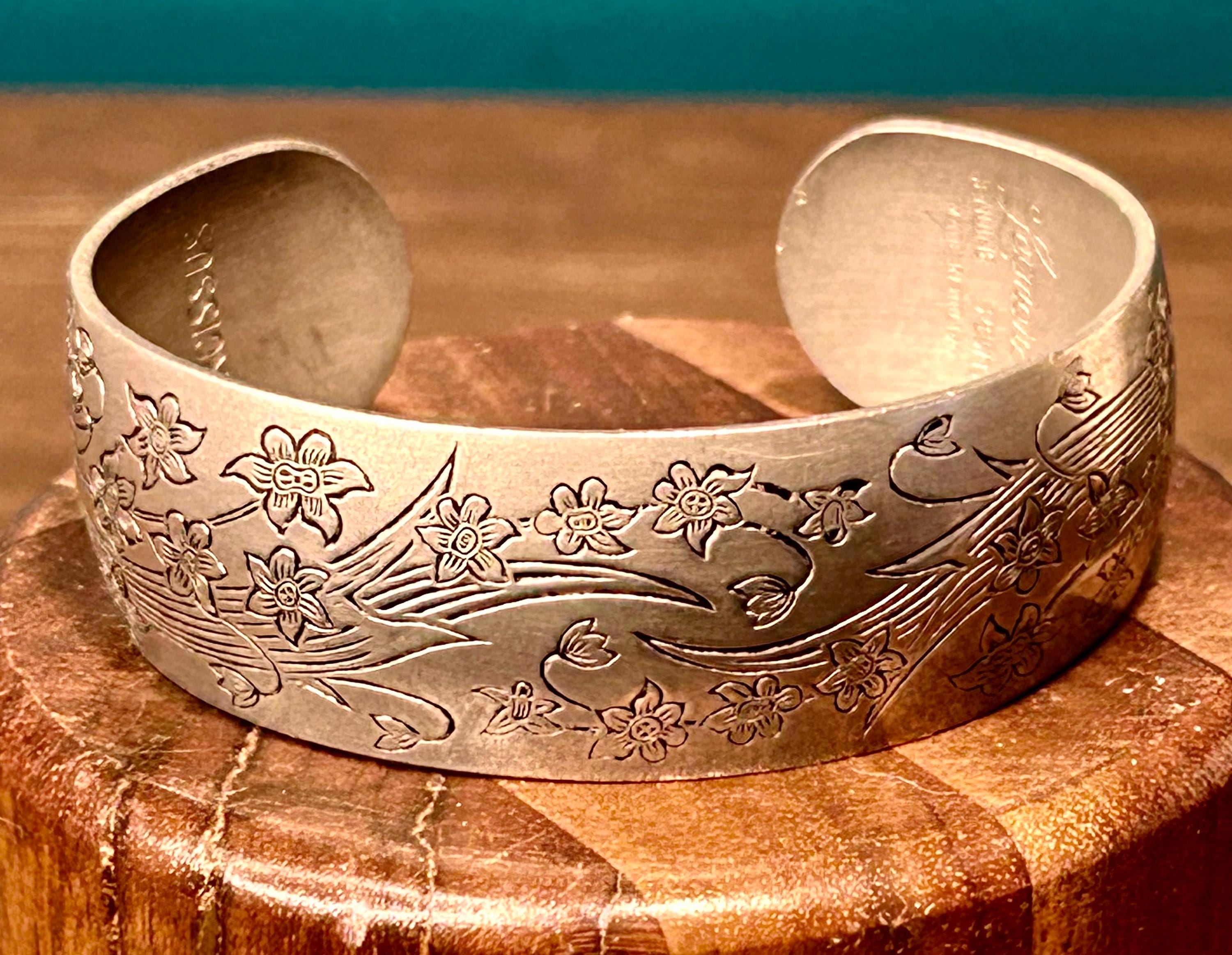 Vintage Open Cuff Floral Bracelet Leonard Pewter Narcissus Vines