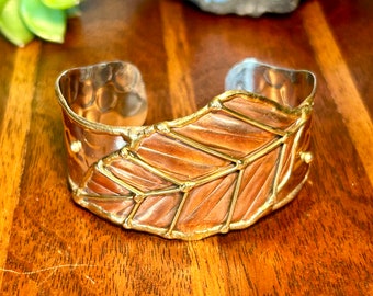 Mixed Metal Bracelet Copper Leaf Brass Hammered Silver Open Cuff Bracelet Nature Gift