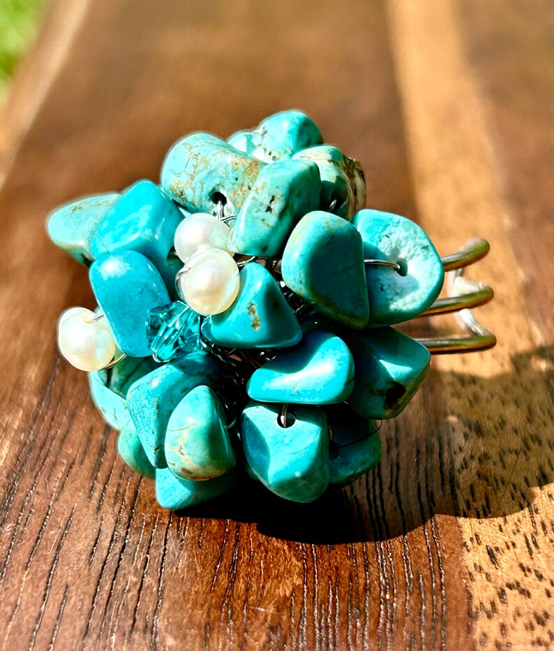 Turquoise Nugget Fresh Water Pearl Blue Gemstone Ring Handmade Jewelry Cluster Ring Vintage Retro Cocktail Statement Adjustable Ring Gift image 1