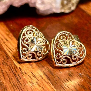 Vintage Gold Tone Sterling Silver Filigree Heart Stud Earrings Retro Jewelry Gift image 4