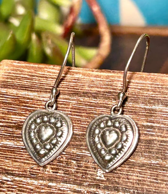 Sterling Silver Heart Earrings Vintage Retro Dangle Helen Chantler