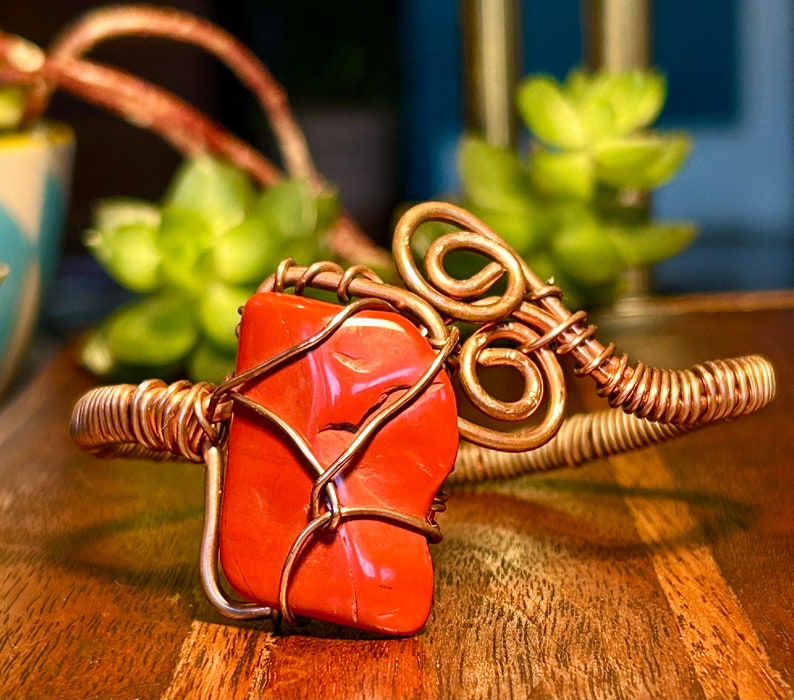 Copper Wire Wrap Bracelet Large Red Jasper Gemstone Crystal Stone Handmade Jewelry image 1