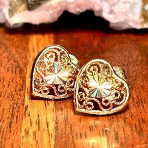 Vintage Gold Tone Sterling Silver Filigree Heart Stud Earrings Retro Jewelry Gift image 6